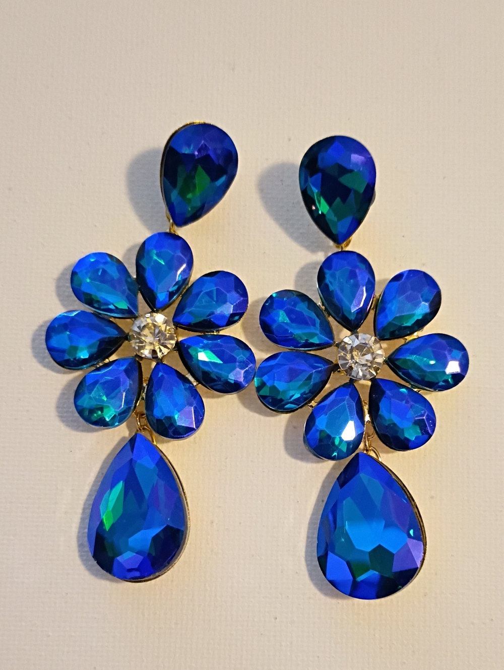 Blue Teardrop Flower Crystal Drop Earrings